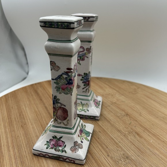 Pair Chinese Porcelain Candle Holders Famille‎ Rose Style Square Base Vintage
